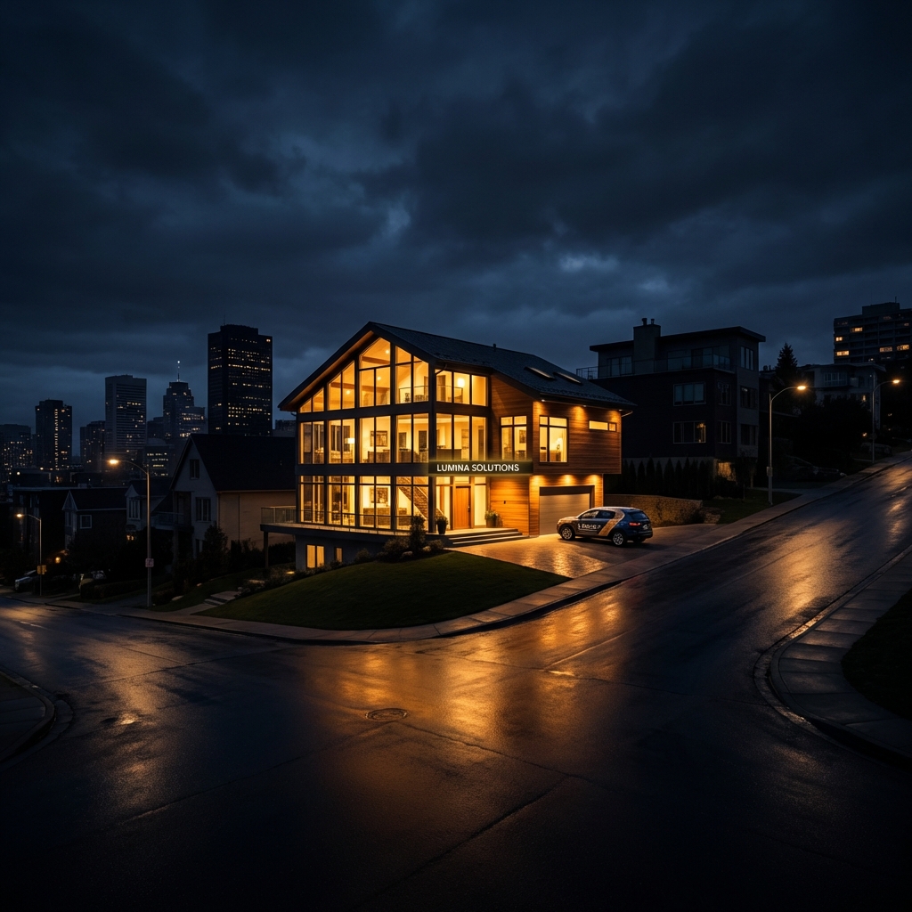 Vizinhança escura e uma casa iluminada com bateria EcoBr